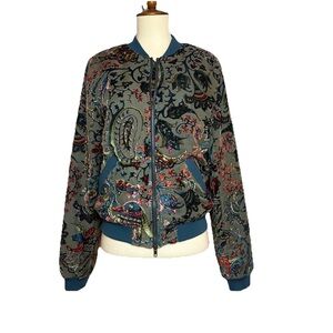 KAS Designs Ashlyn Velvet Bomber Jacket Green Teal Paisley Zipper Women’s Size S